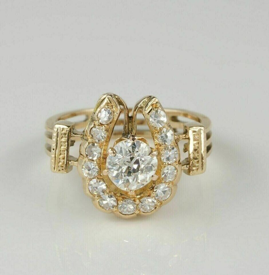 Horse Shoe Art Deco Ring 2Ct Round Simulated Diamond In 14K Yellow Gold Plated