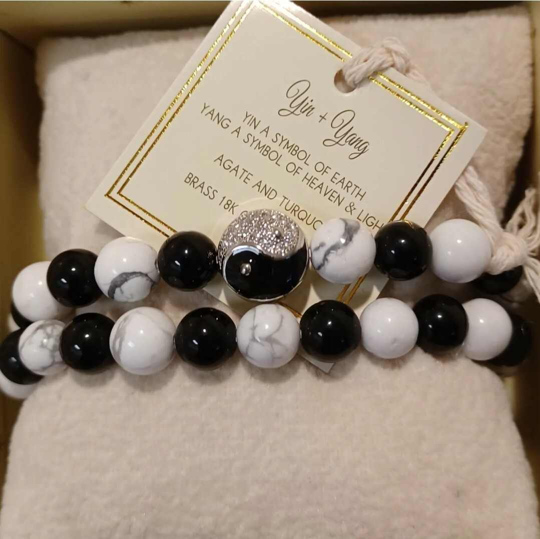 2 STRETCH LUXE UNISEX BRACELETS ARM EYE CANDY YIN & YANG AGATE TURQUOISE 18K GP