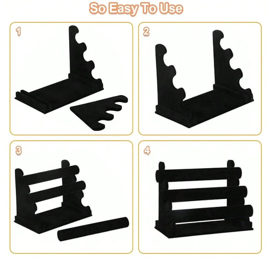 Velvet Bracelet Holder 3 Tier – Black Jewelry Display Stand for Watches Bangles