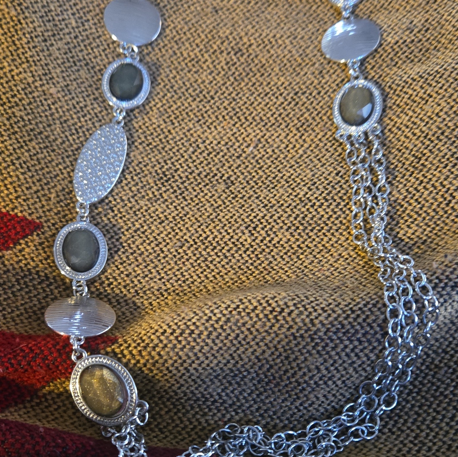 Silver Tone Layered Cable Chain Station Necklace Oval Disc Links Lobster Clasp