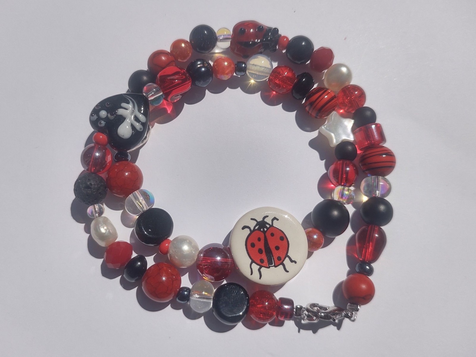 Red and Black Ladybug Ceramic and Glass Bead Handmade Necklace