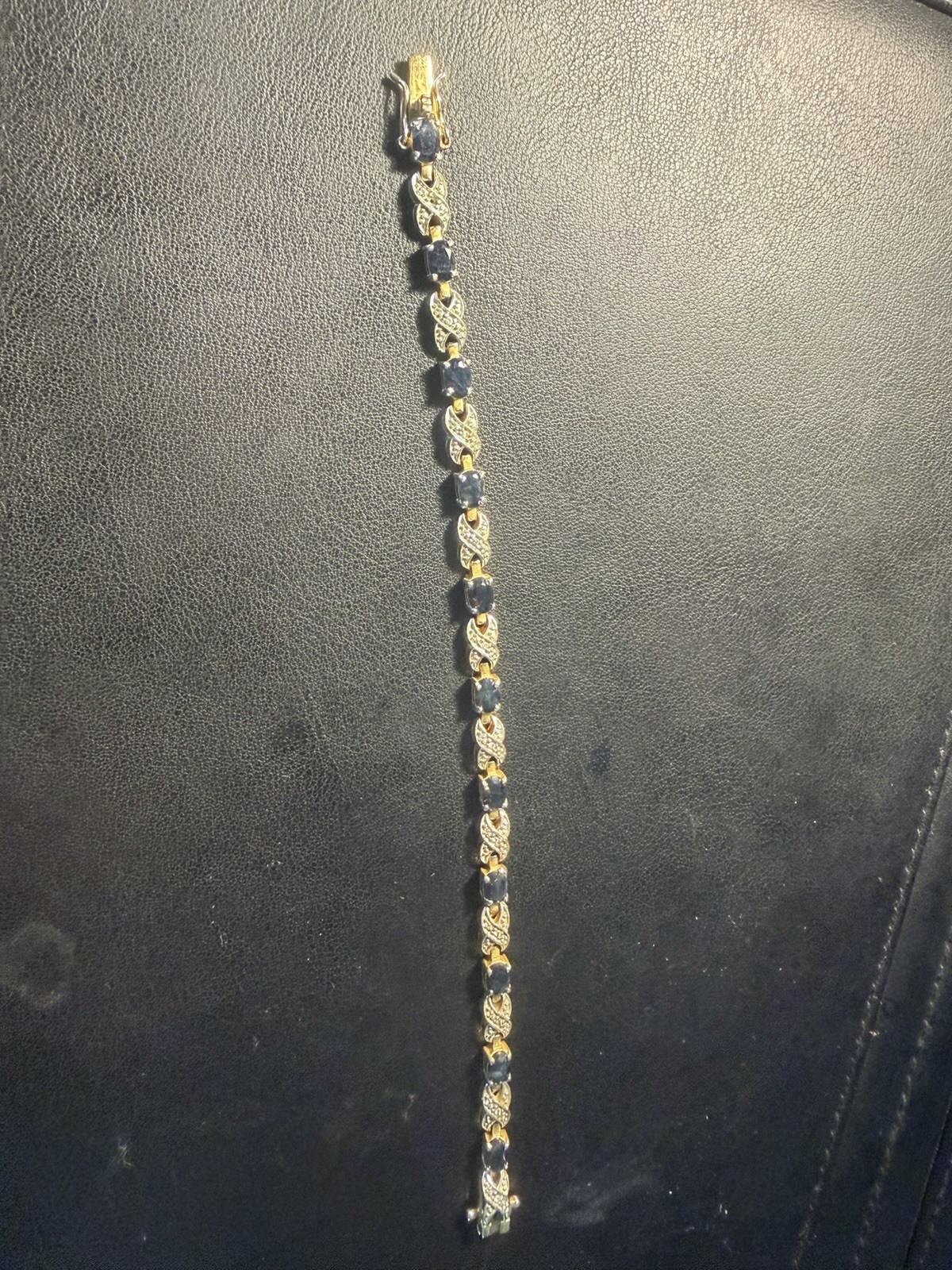 Gold Tone Chain Link Bracelet Blue Oval Stone Accent Metal Fold Over Clasp