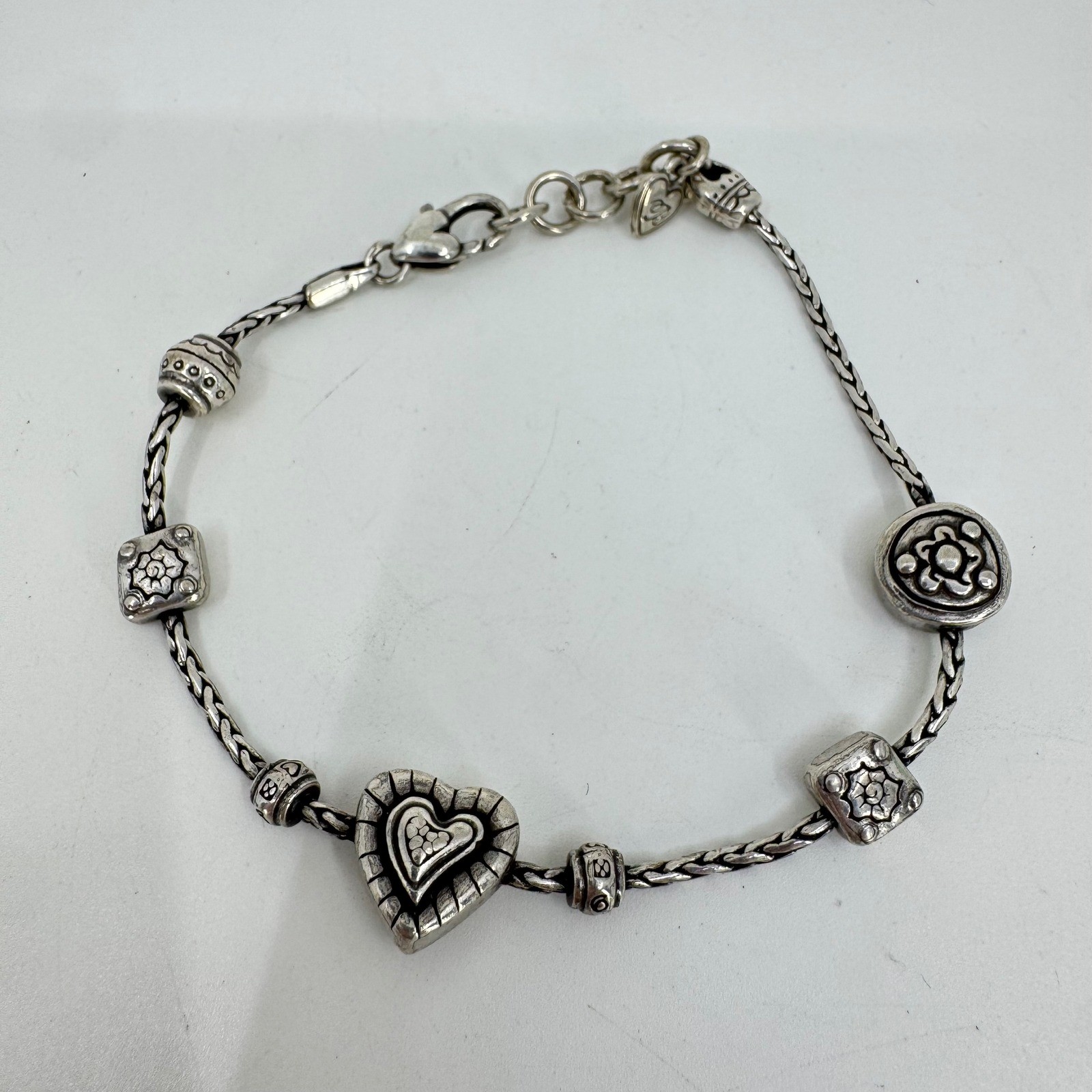 Brighton Silver Tone Heart Floral Charm Braided Wheat Chain Bracelet Adjustable