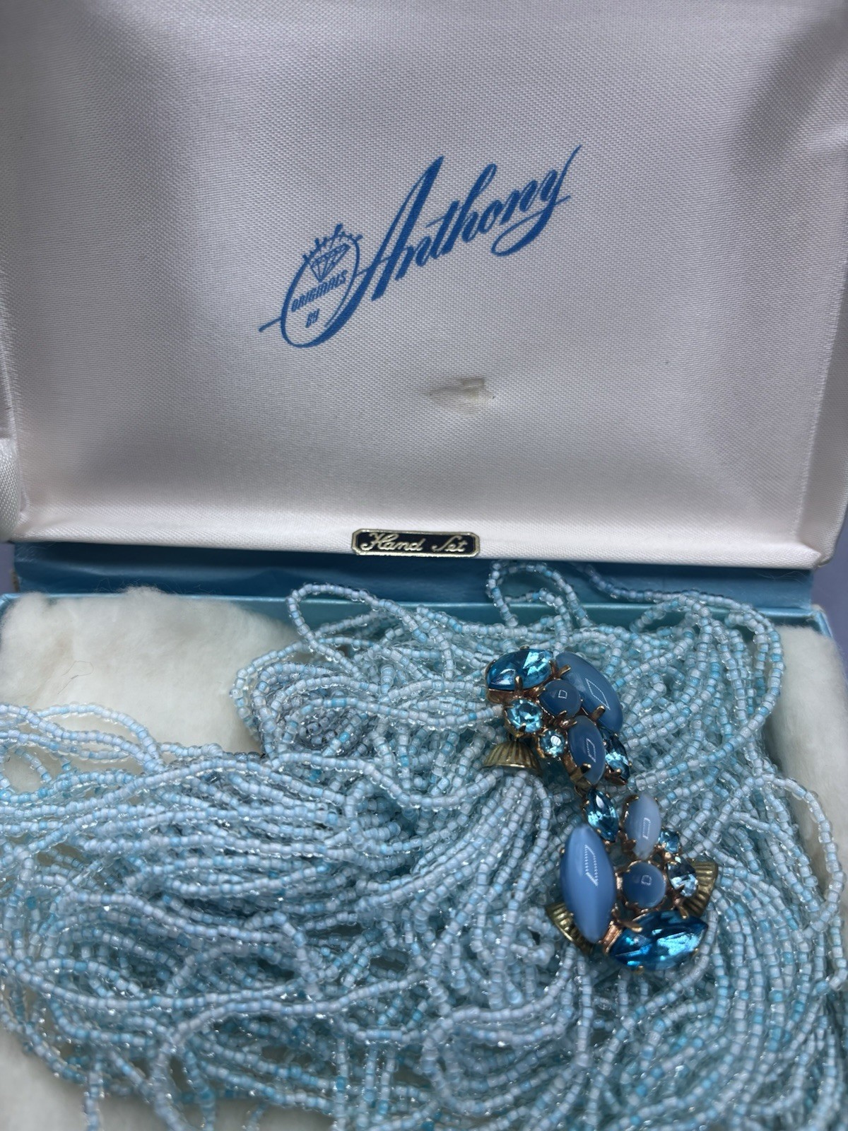 Vintage Glass Seed Bead Aqua Multi Strand Statement Necklace W/ Earrings 50’s