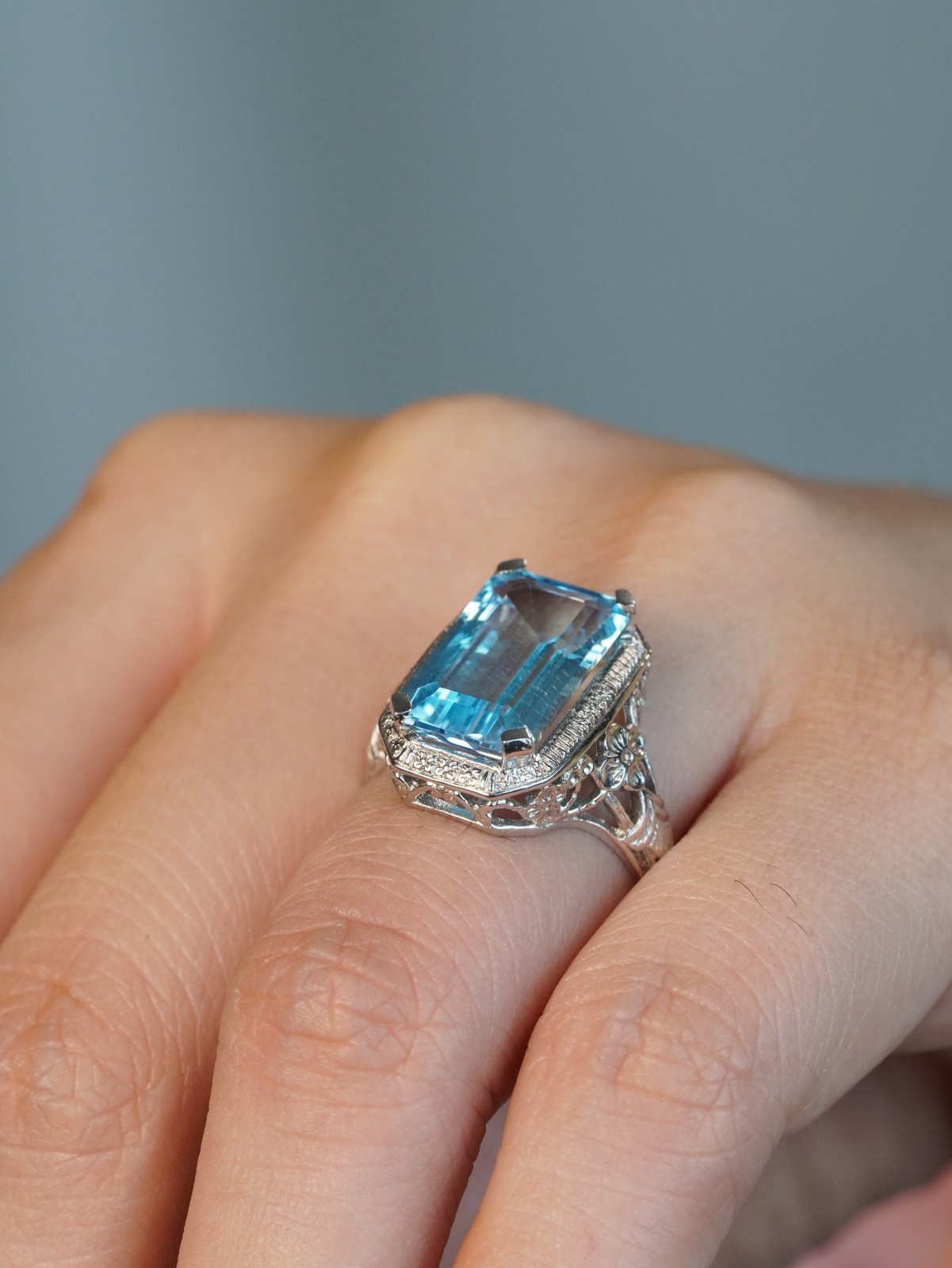 Silver925 Natural Blue Topaz Vintage Style Filigree Ring