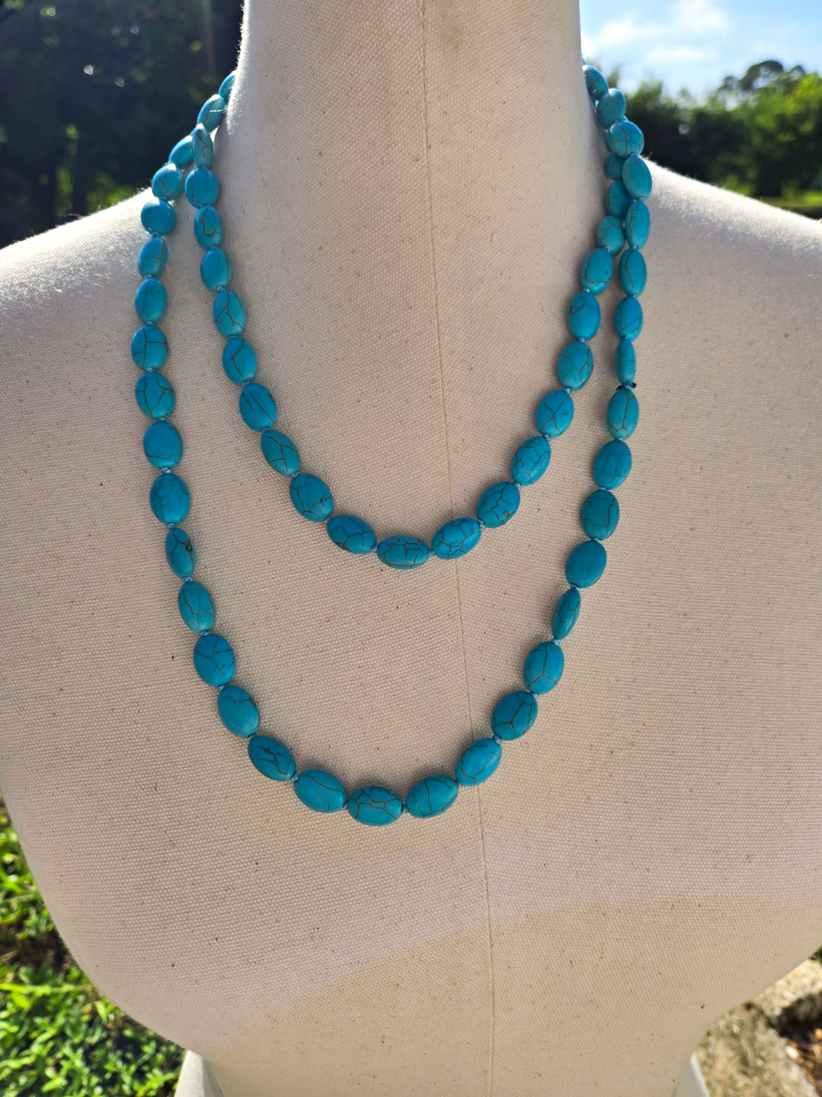 Bohemian Vintage Blue Turquoise Howlite Oval Beaded Endless Necklace