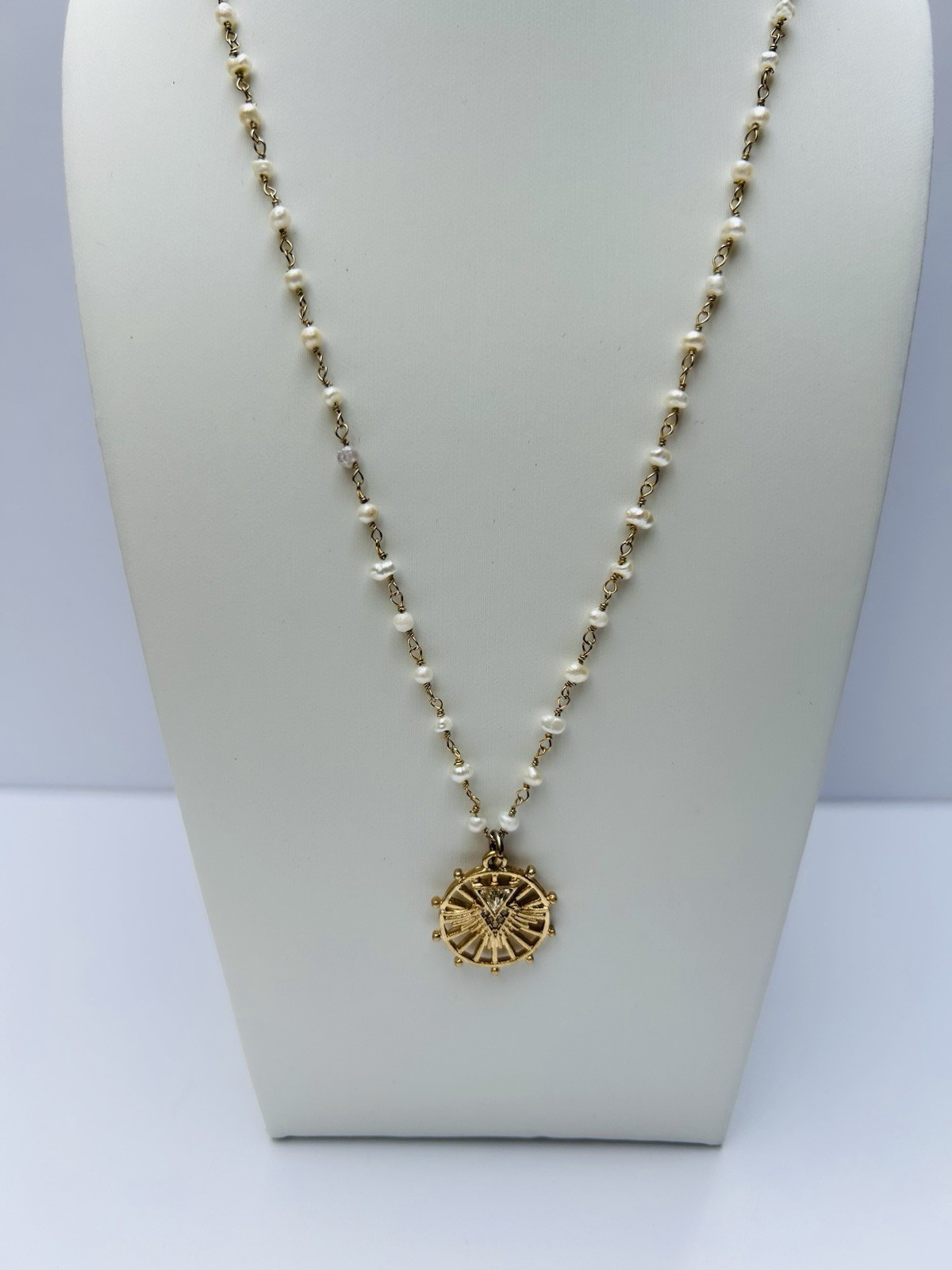CAbi Gold Tone Pearl Necklace Medallion Pendant Adjustable Statement