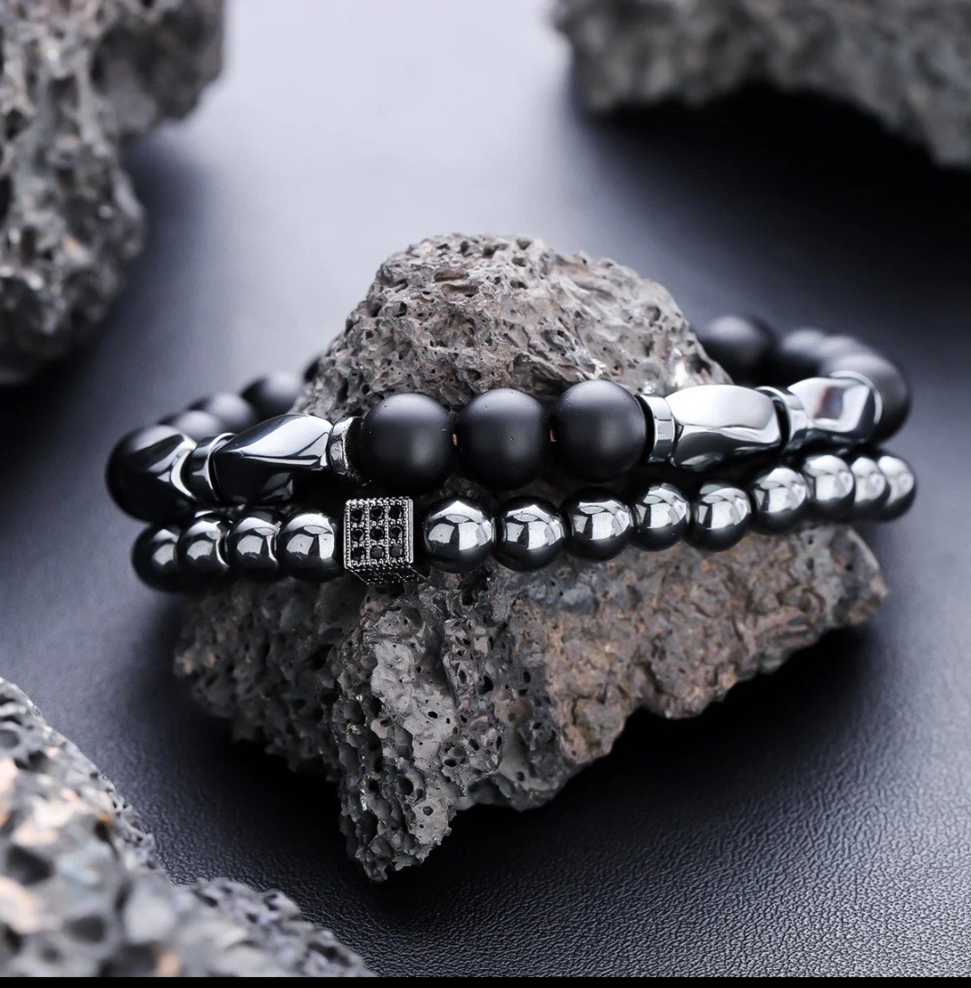 Men’s Natural Hematite Beaded Bracelet Black Stone Stretch Jewelry