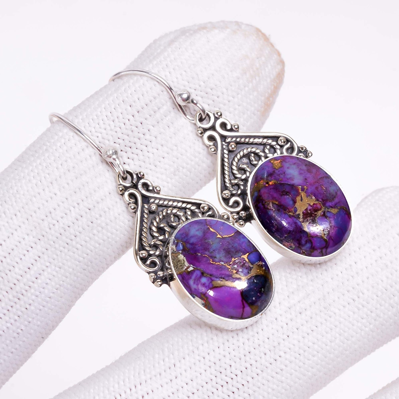 Composite Copper Purple Turquoise 925 Silver Dangle Drop Earring “Cabochon Cut”