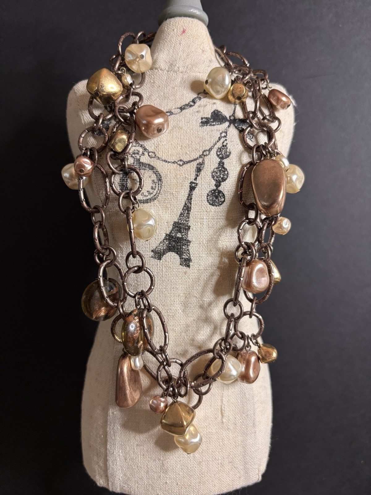 Chico’s Bronze/Gold Tone Link Chain Necklace Faux Pearl Glass Beads 36+” Adj