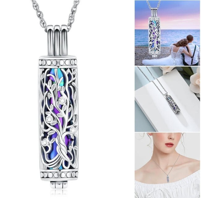 Cremation Jewelry Cylinder Urn Tree of Life Memorial Necklace Pendant for Ashes