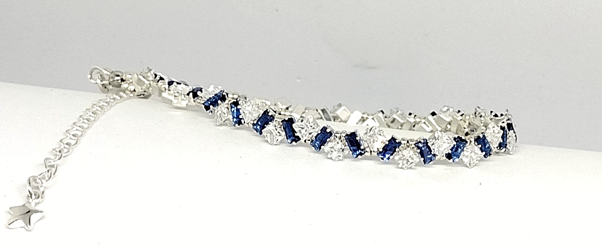 7-inch Bracelet Angle Stack – 3mm White SQUARE-2x4mm Royal Blue Rectangle.
