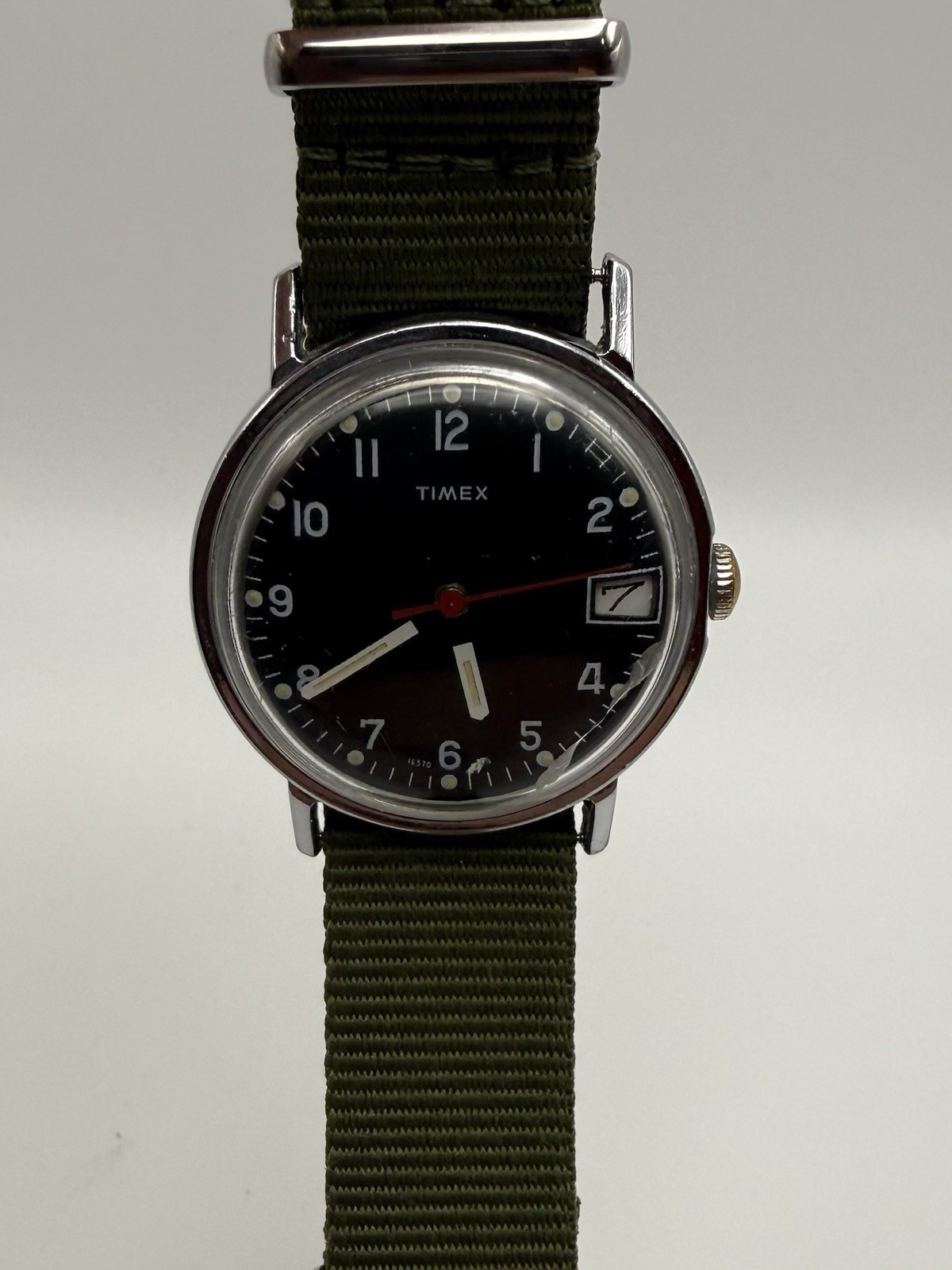 Timex Quartz Vintage 1978 Mercury Calendar Black Dial Green NATO Strap