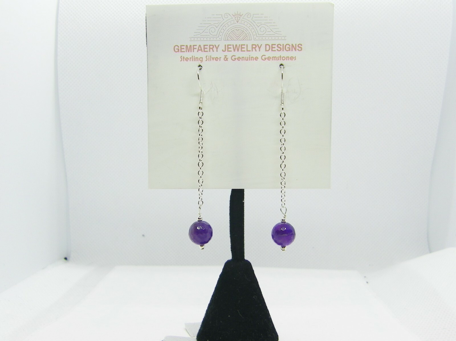 Sterling Silver Natural AMETHYST Long Chain Dangle Earrings #…Handmade USA