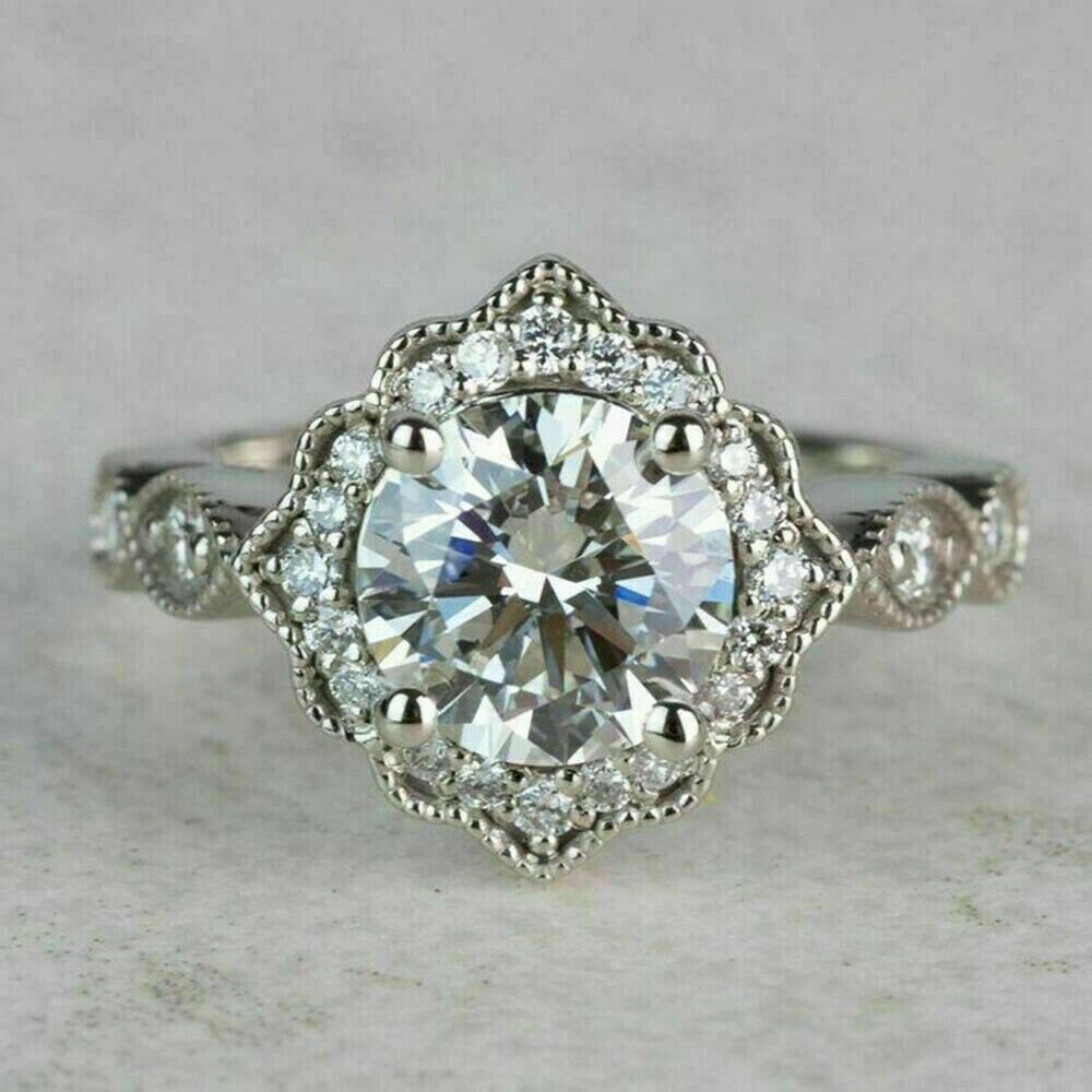 1.75Ct Round Simulated Diamond Flower Halo Ring Vintage Style 925 Silver Gift