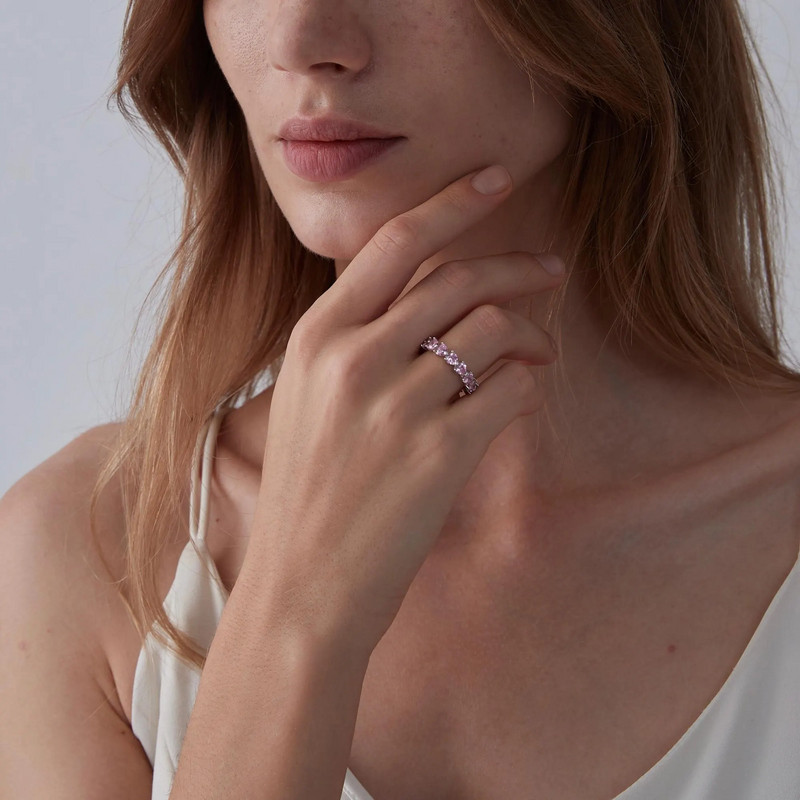 Pave Pink Heart Eternity Wedding Band in 925 Sterling Silver