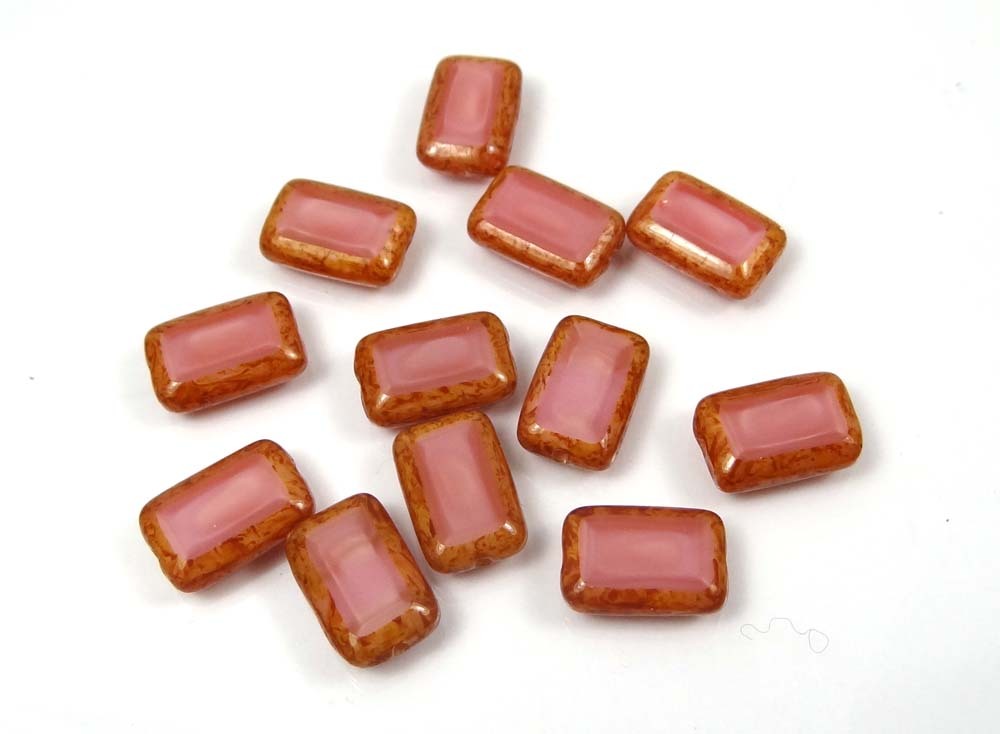 12x8mm Czech Glass Rectangle Beads Coral Pink – Picasso (12)