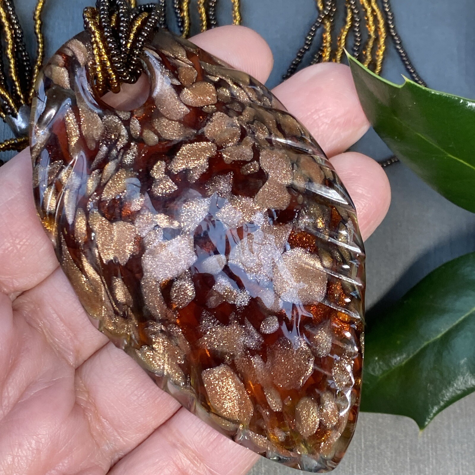 Vintage Pendant Necklace Handblown Murano Italy Art Glass 24K Gold Fleck Signed