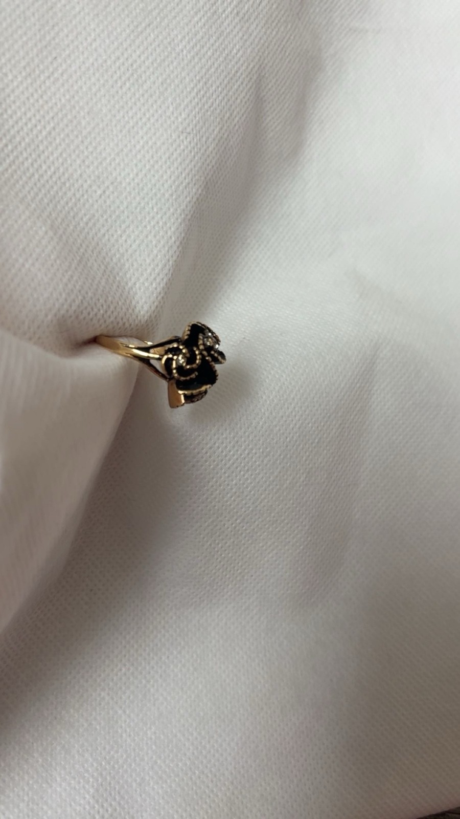 Vintage Gold-Tone Swirling Ring with Black Enamel and Clear Rhinestones, Gift-Ed