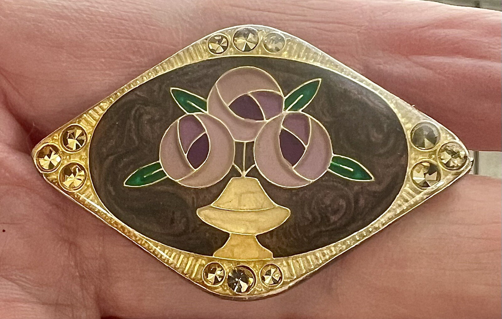 Vintage JCF FERRARA Signed ART DECO Enamel Rhinestone FLOWER VASE Pewter Brooch