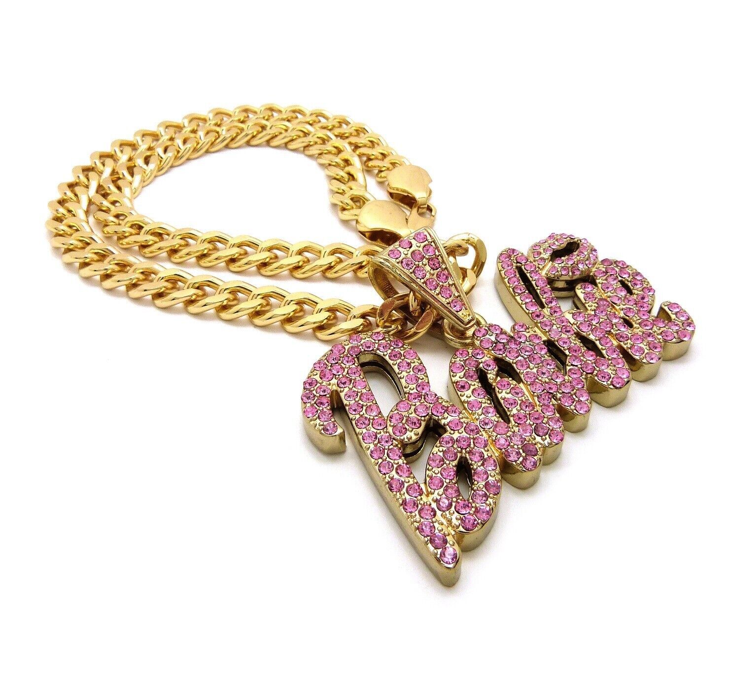 Women Gold Plated Pink Barbie Iced Cubic Zirconia Charm & Cuban Chain Necklace