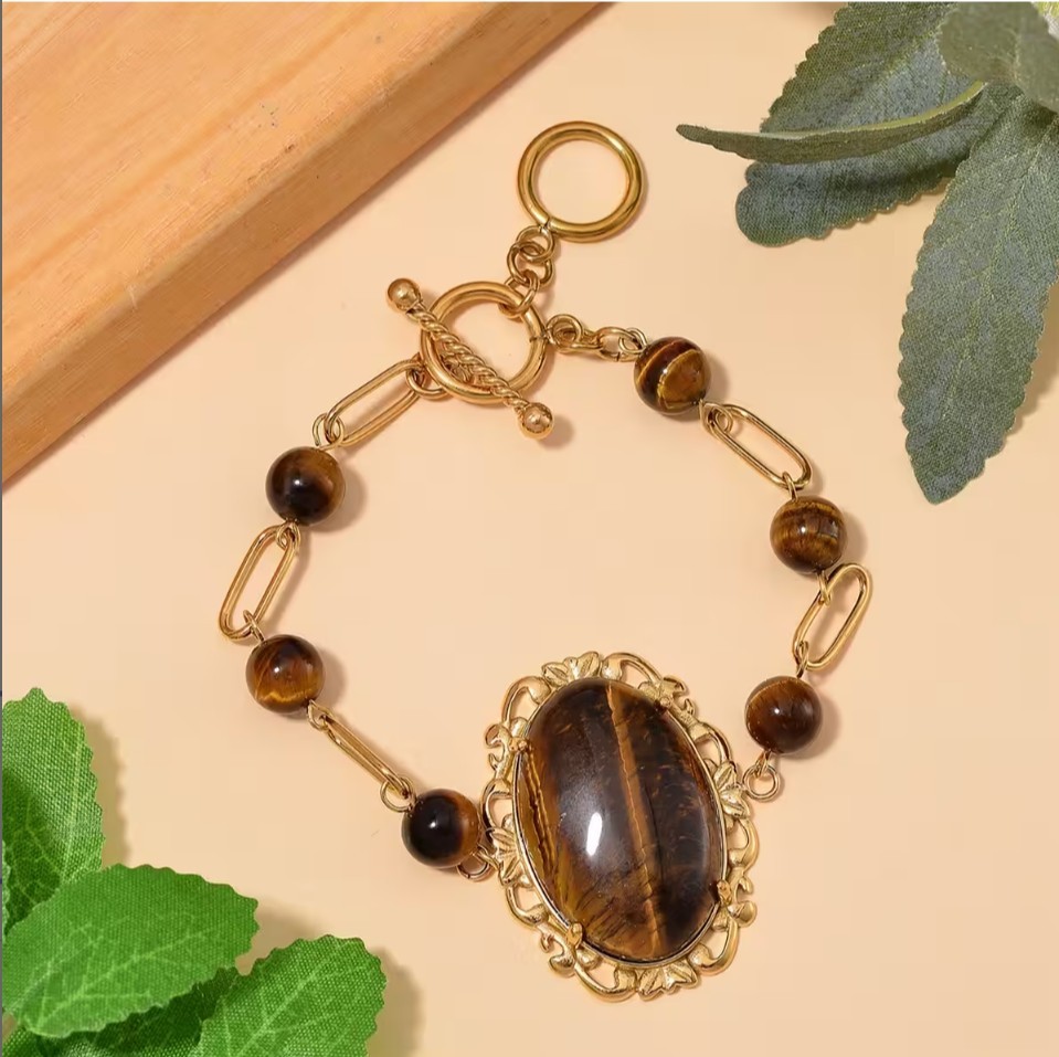 Yellow Tigers Eye 13.00ctw Bracelet ION Plated YG Stainless Steel (7.50-9.0In)