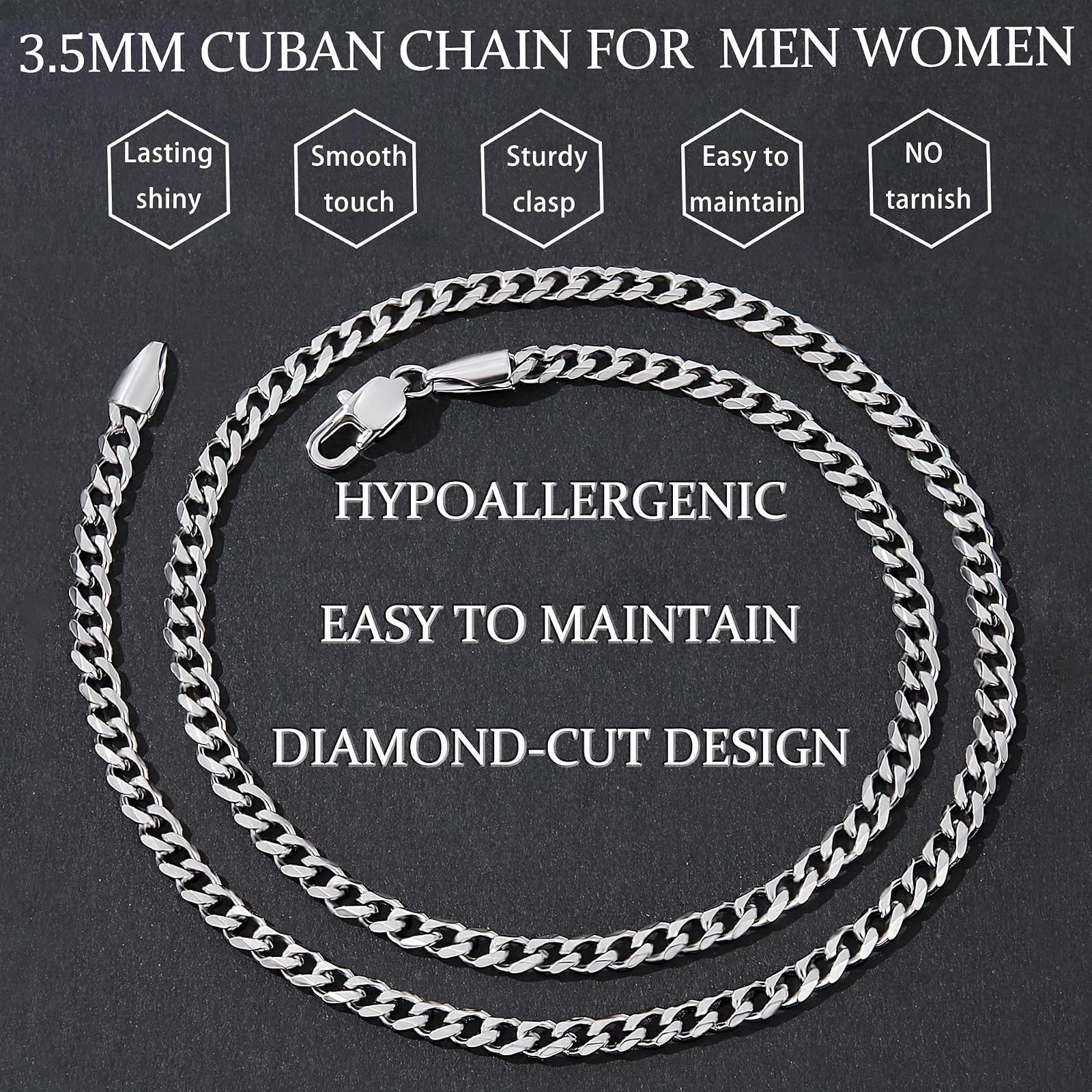 3.5mm Cuban Link Chain Necklace for Men, Silver/Gold Plated Stainless Steel