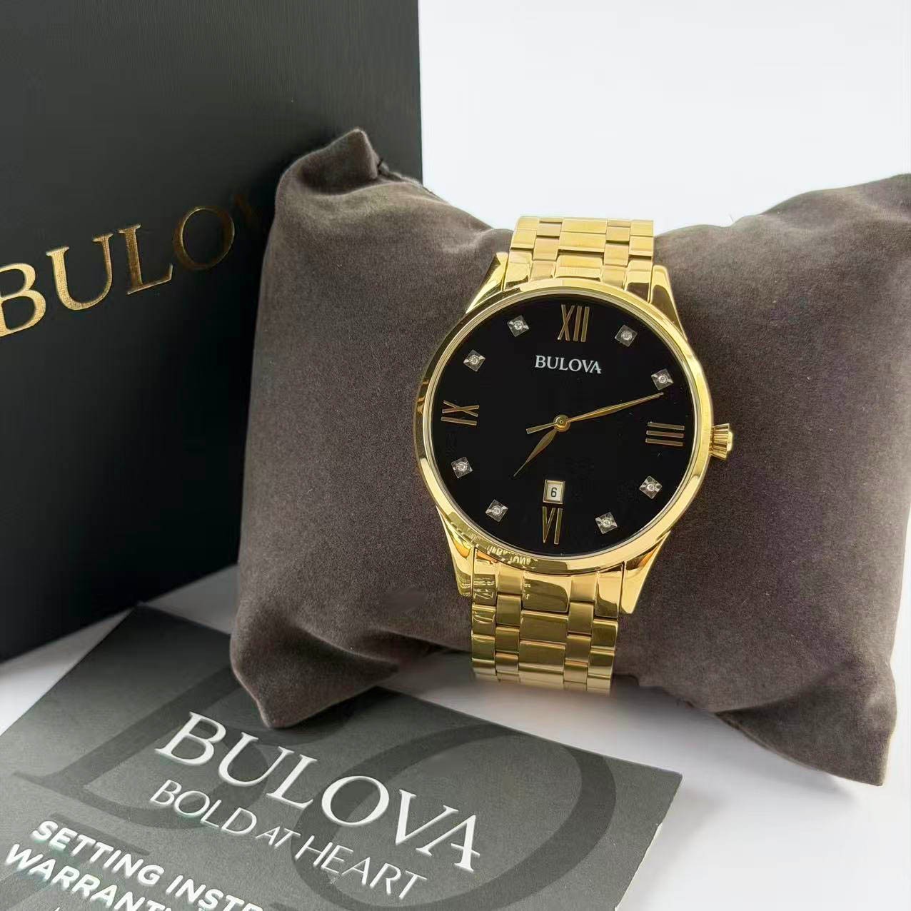New Bulova 40 mm 97D108 Diamond Black Dial Gold Bracelet Men’s Quartz Watch