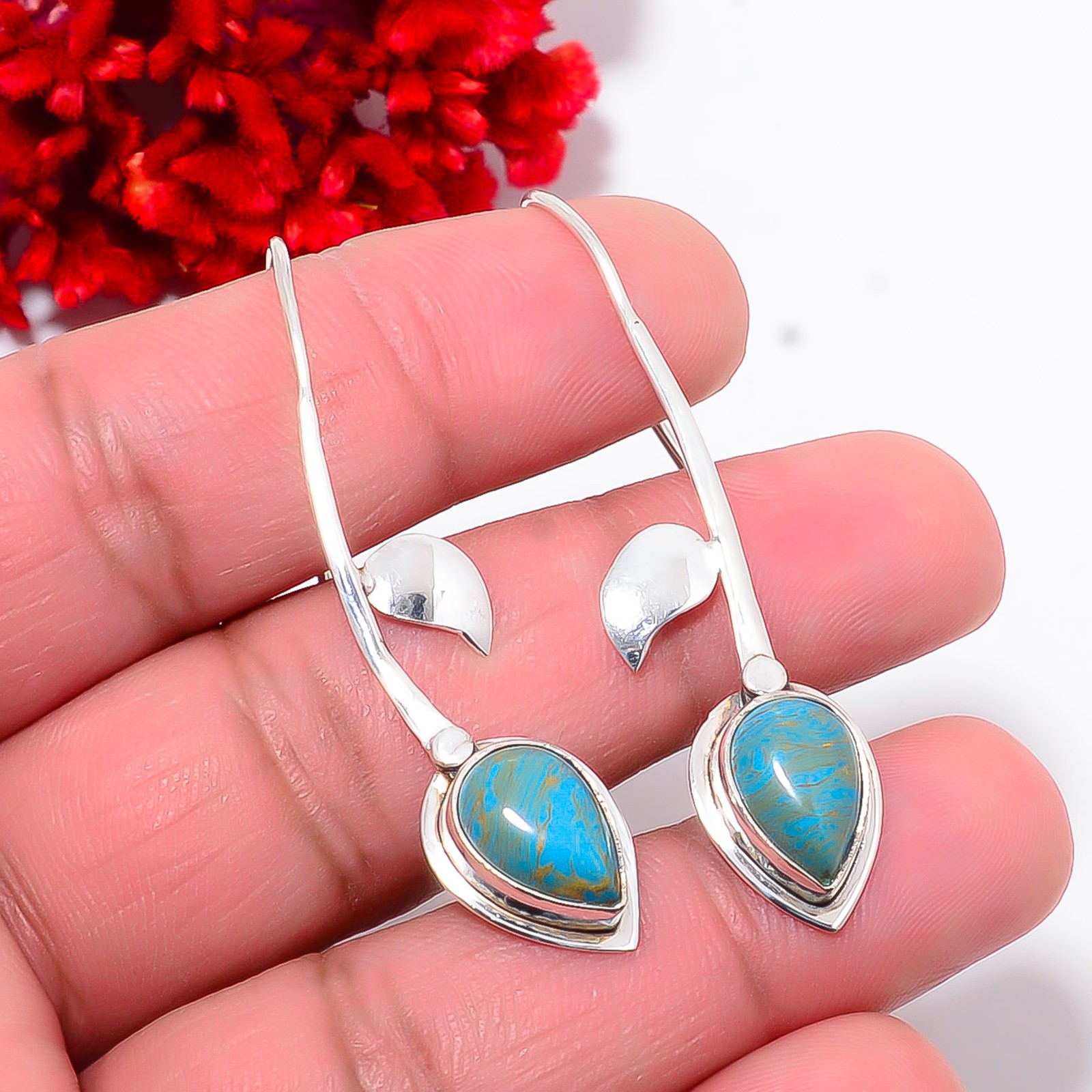 Copper Blue Turquoise Designer Handmade 925 Sterling Silver Earring 2.07″ E11118