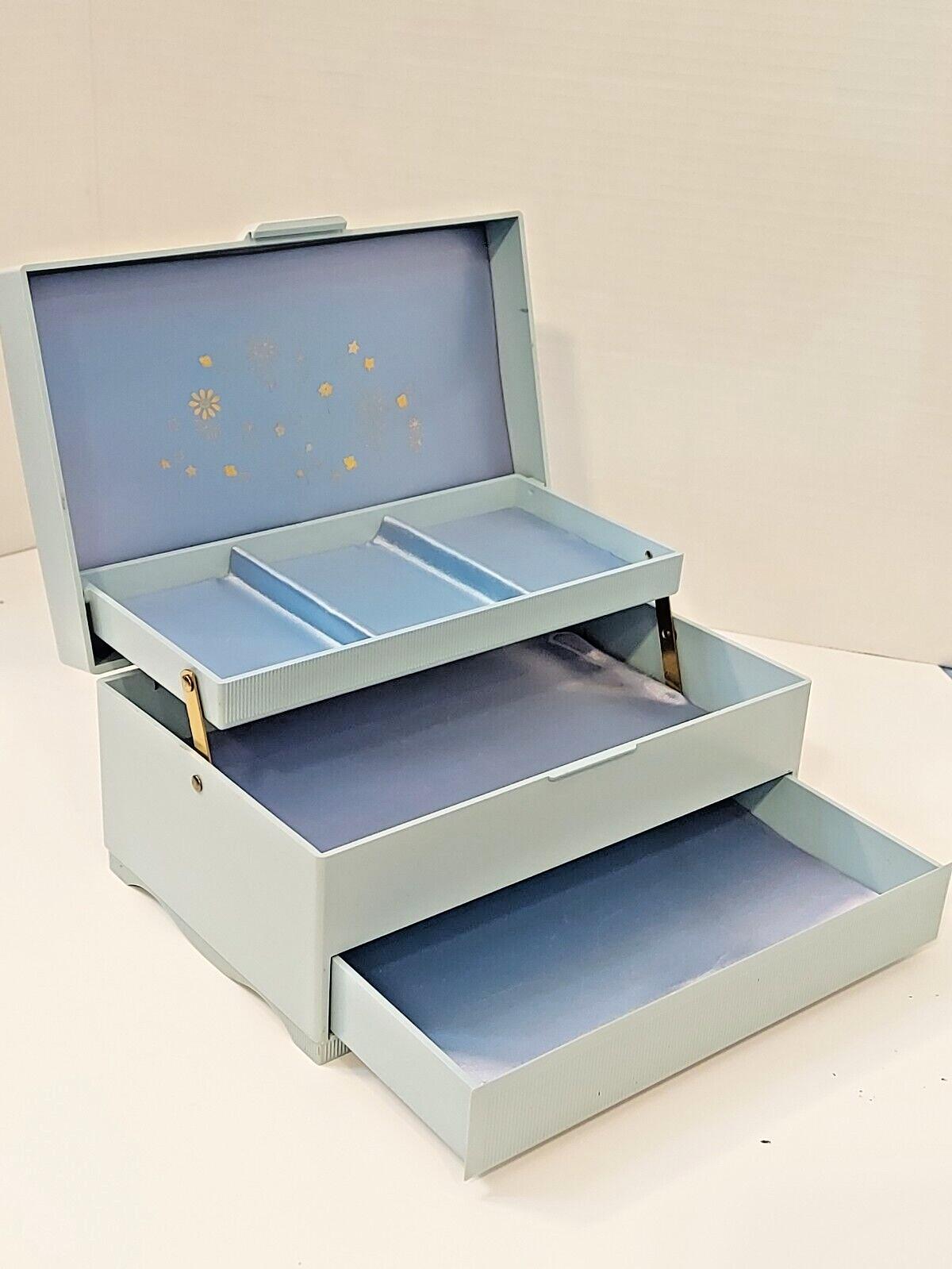 Rare Vintage 1960s Plastic Jewelry Box, blue Interior, gold Roses on Top