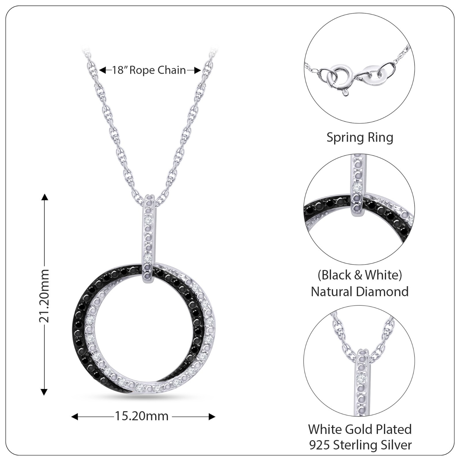 Peace Sign Pendant 1/7ct White & Black Real Diamond 10K Solid Gold, 18″ Chain
