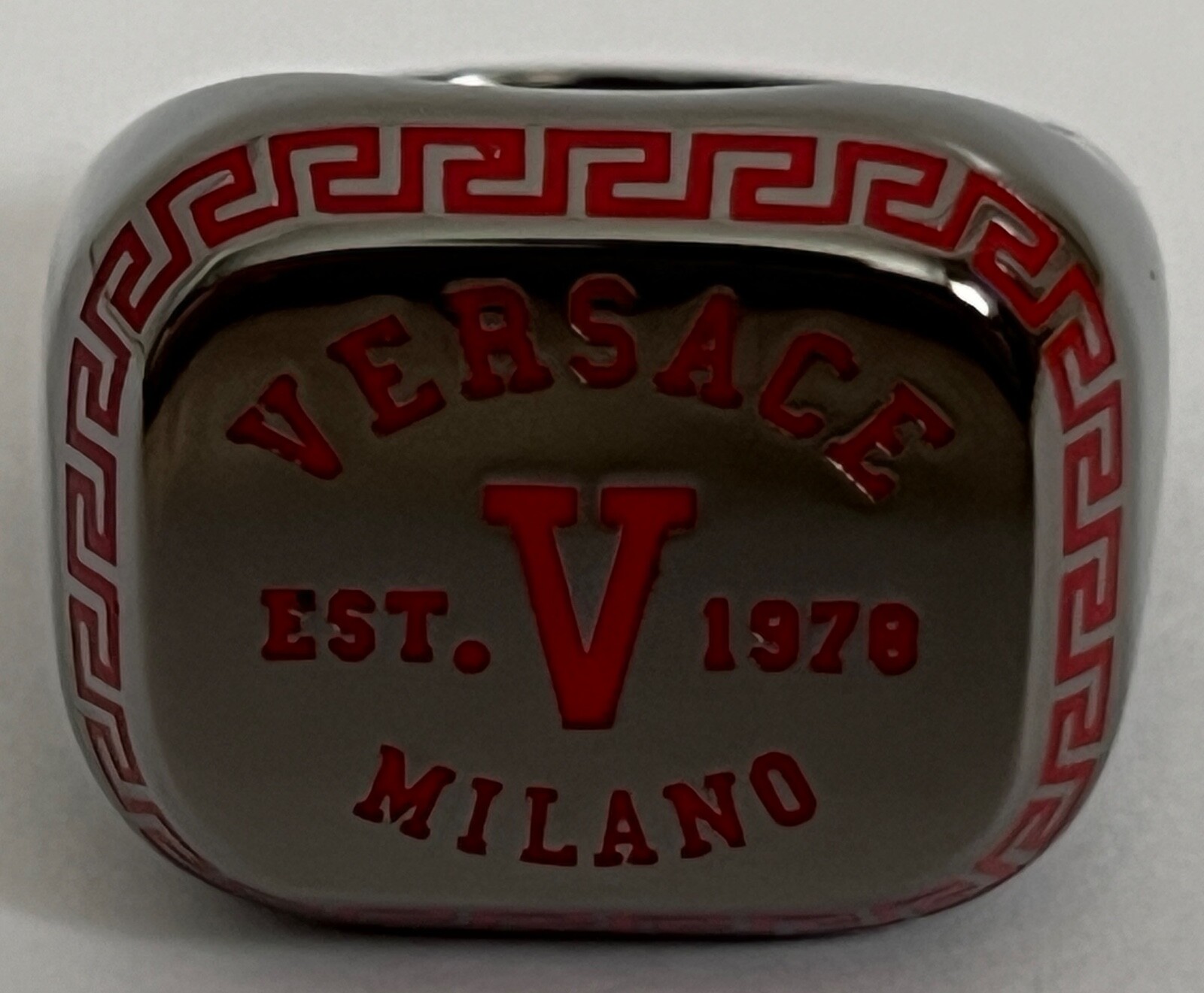 NIB Versace Varsity Red V Greek Key Logo Ruthenium Signet Ring Sz 17 US 8 $495