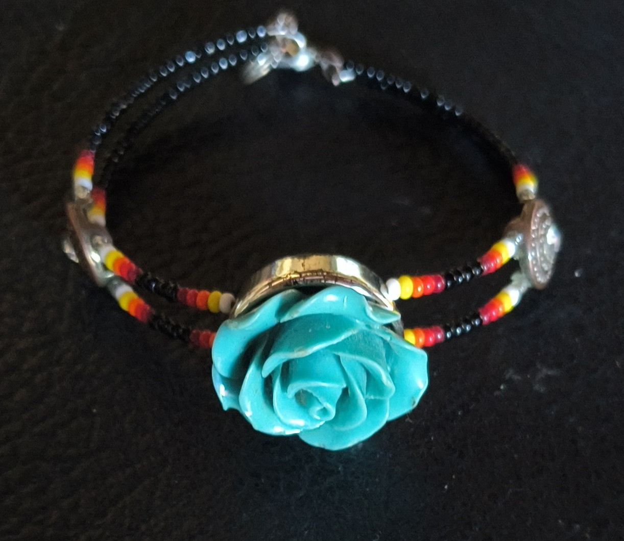 Black Seed Bead Bracelet Turquoise Flower Charm Lobster Clasp Multicolor
