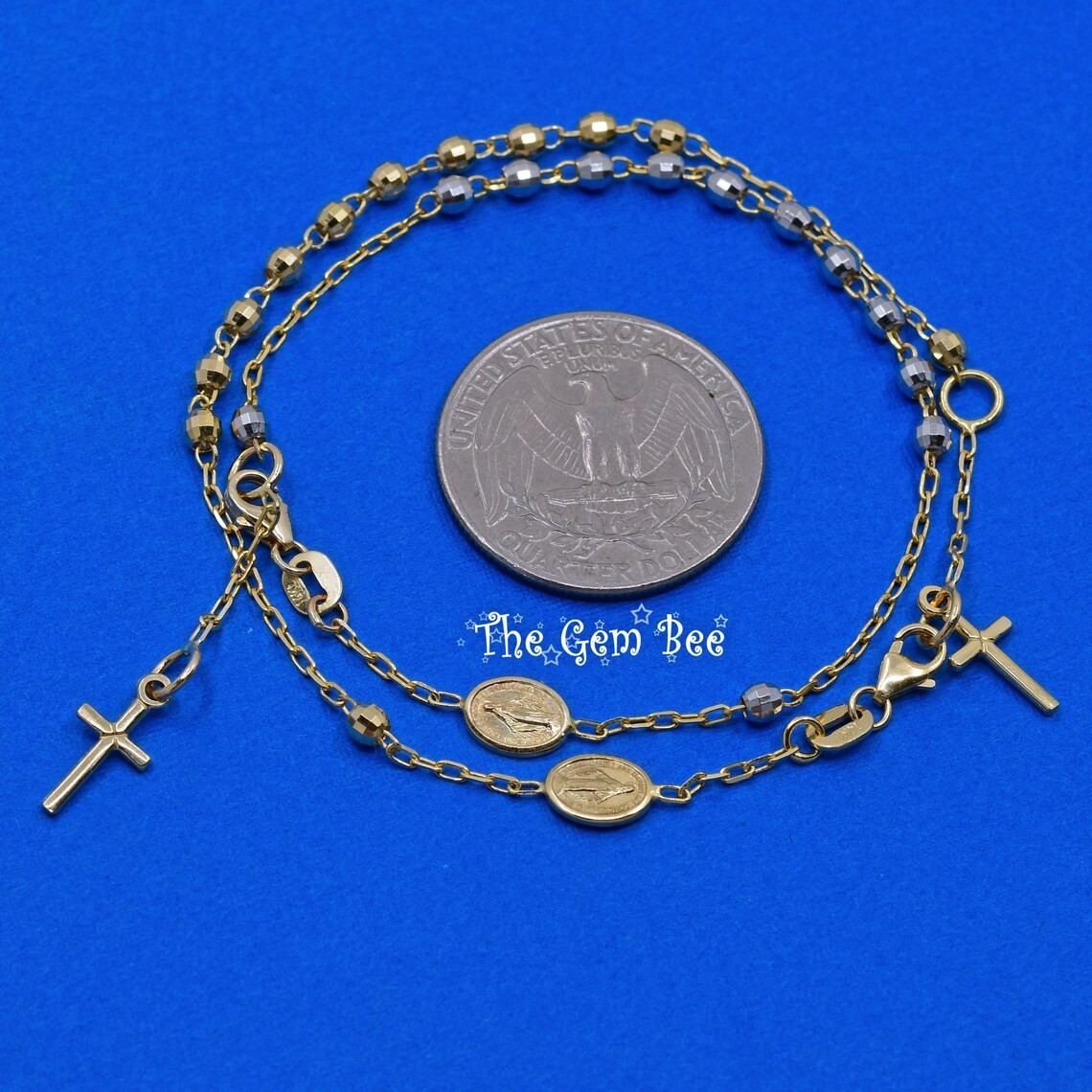 14K Yellow White Bi-Color GOLD Rosary Cross Beaded Chan Bracelet 6 7 inch adjust