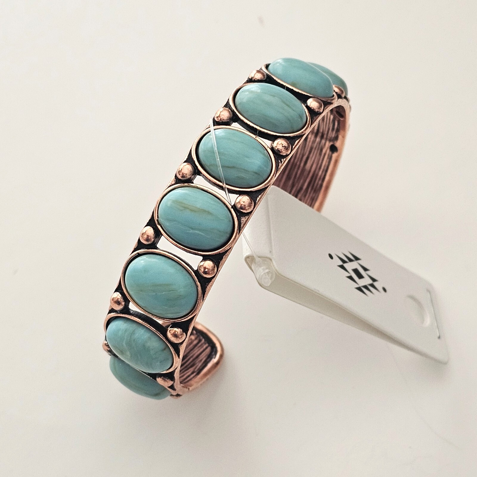 Western Oval Faux Turquoise Stones Cuff Bracelet Copper tone NEW
