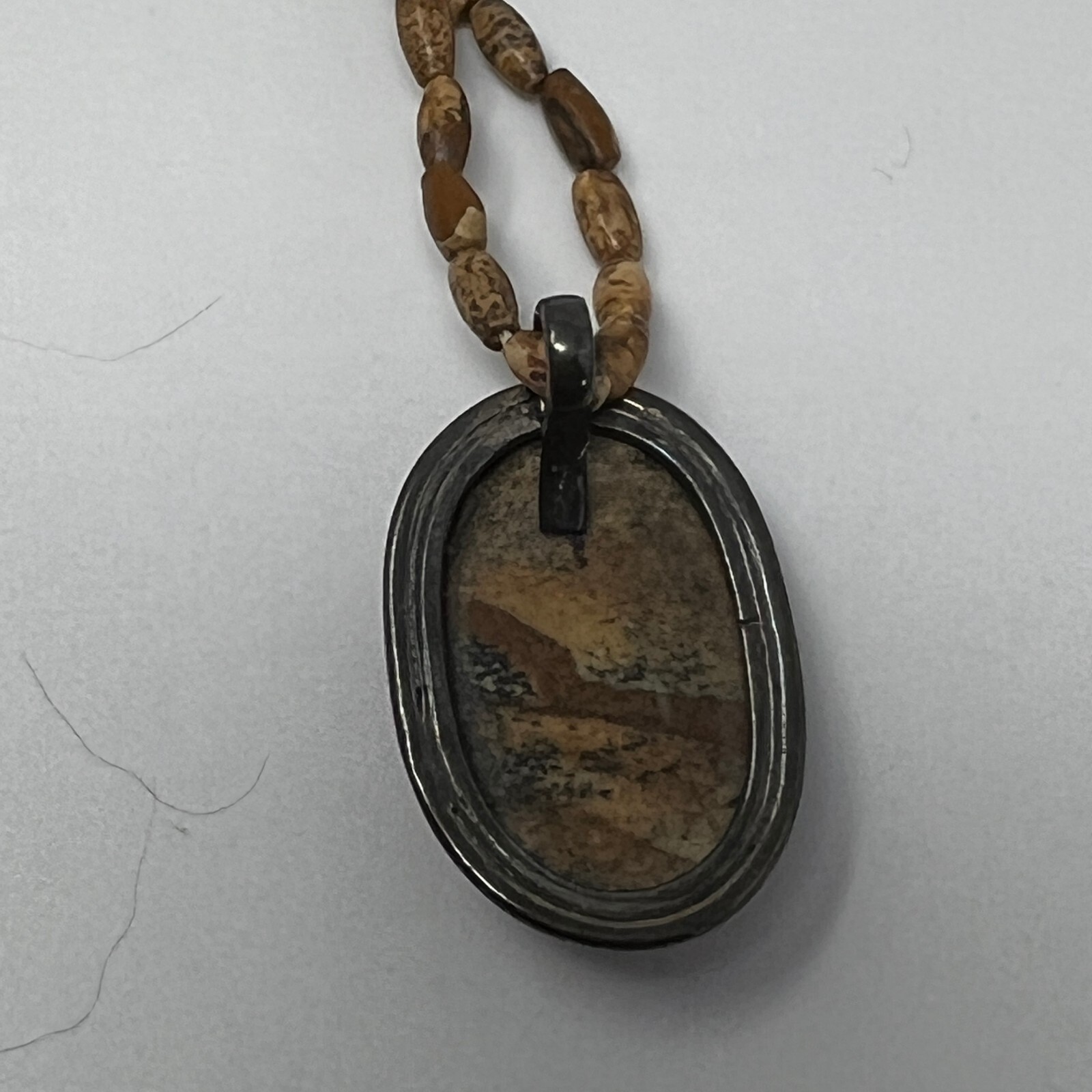 Earth Tone Beaded Necklace Brown Tan Cabochon Stone Pendant