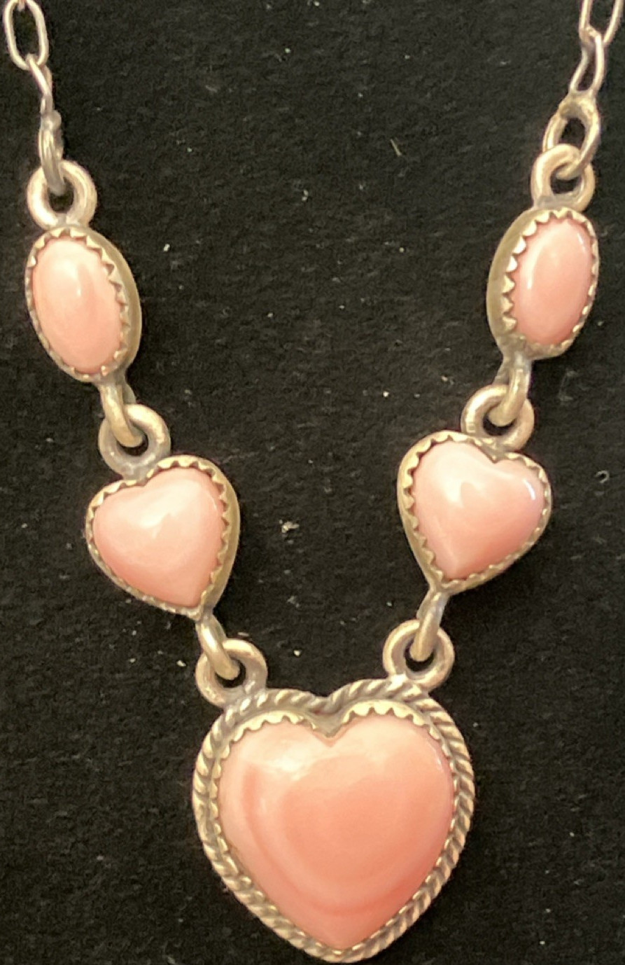Pink Conch Shell Heart Station Necklace 18″ Cable Signed Natural Sterling 925