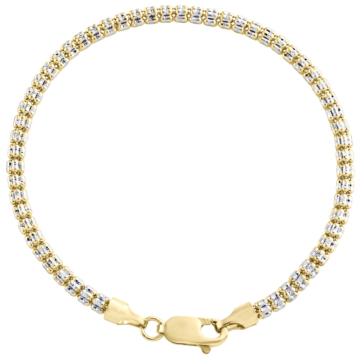 10K Yellow White Gold Two Tone 3mm Diamond Cut Ice Bead Link Bracelet 7-9 Inches