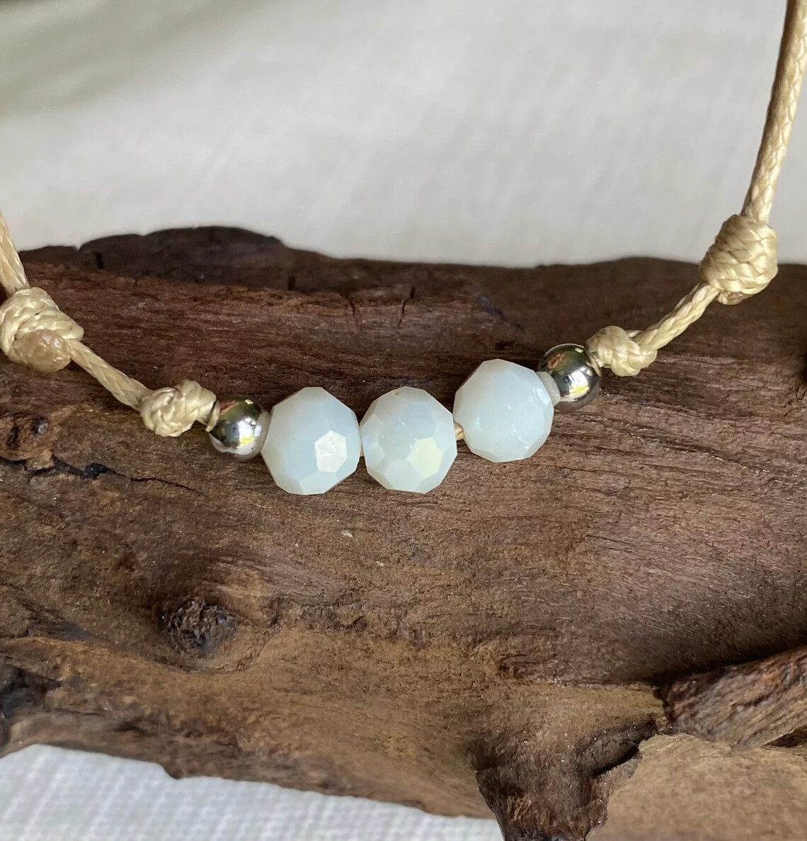 White Faceted Glass Bead Tan Durable Cord Women’s Anklet or Bracelet Adjustab