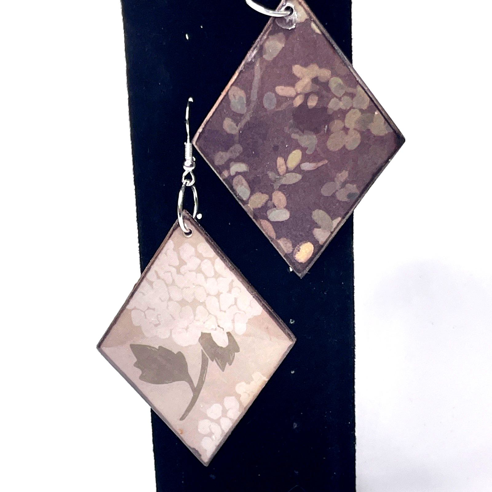 Earrings: 3.75in Handmade Brown Floral Diamond Shape Decoupage Wood Dangle/Drop