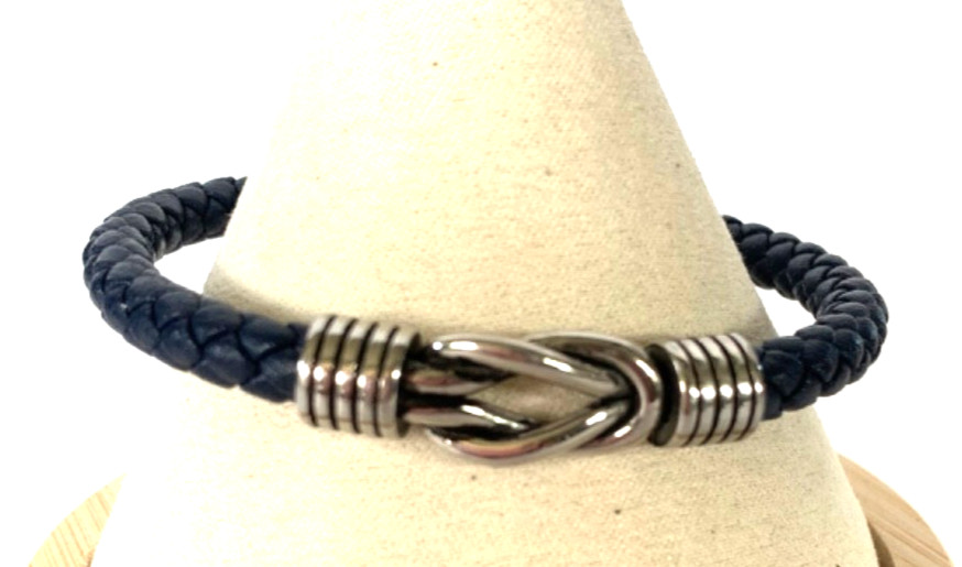 GEOFFREY BEENE Men’s Stainless Steel Knot Braided Leather Dark Navy Bracelet
