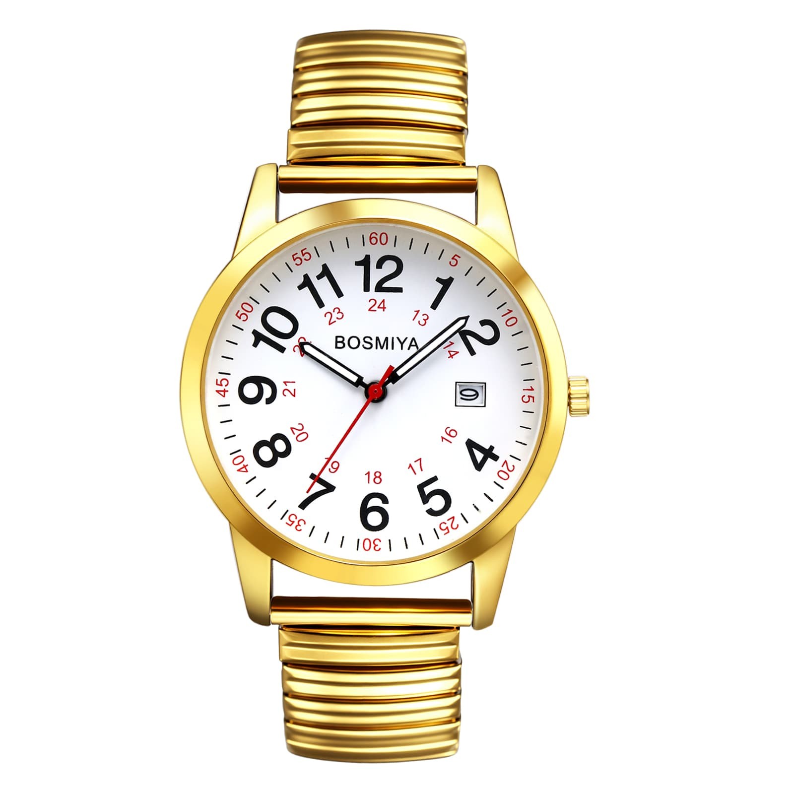 Mens 24hr Easy To Read Large Date Dial Stainless Steel Elastic Band Wrist Watch