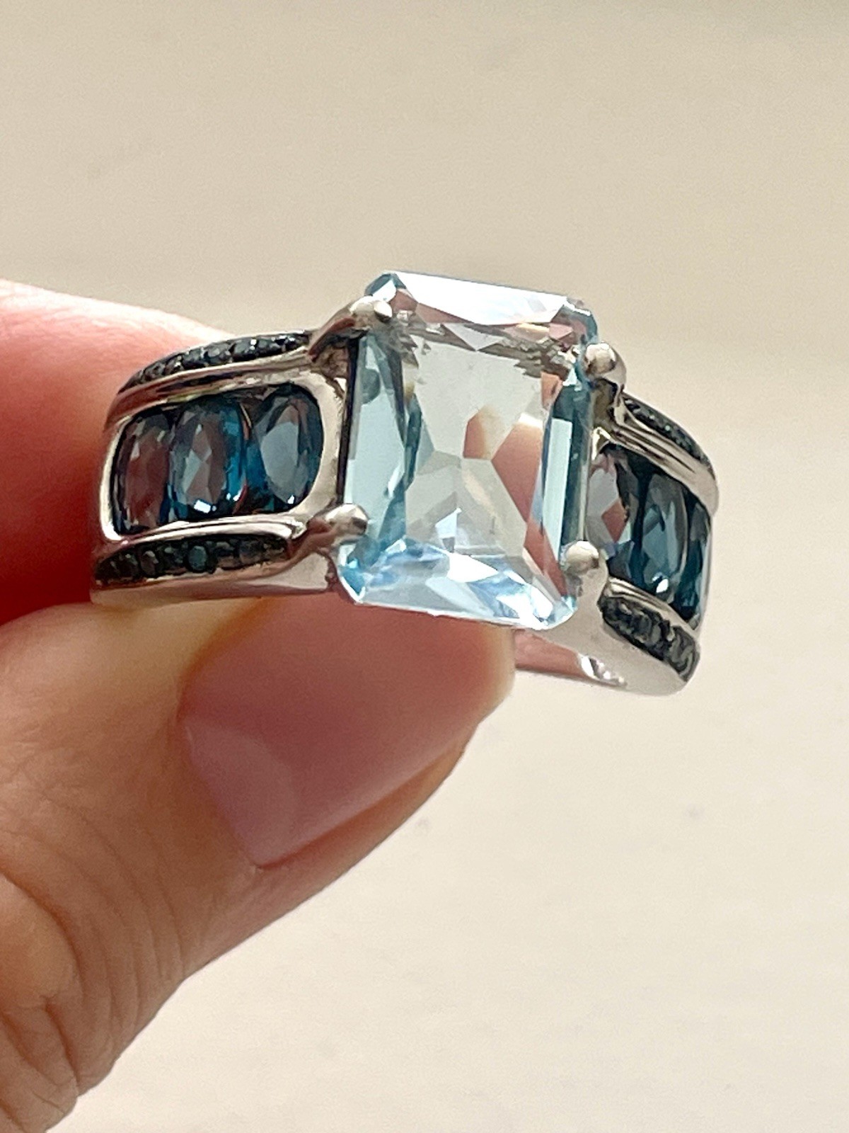 Sterling Silver Glacier Blue Topaz, London Blue Topaz, Blue Diamond Ring Sz 11.7