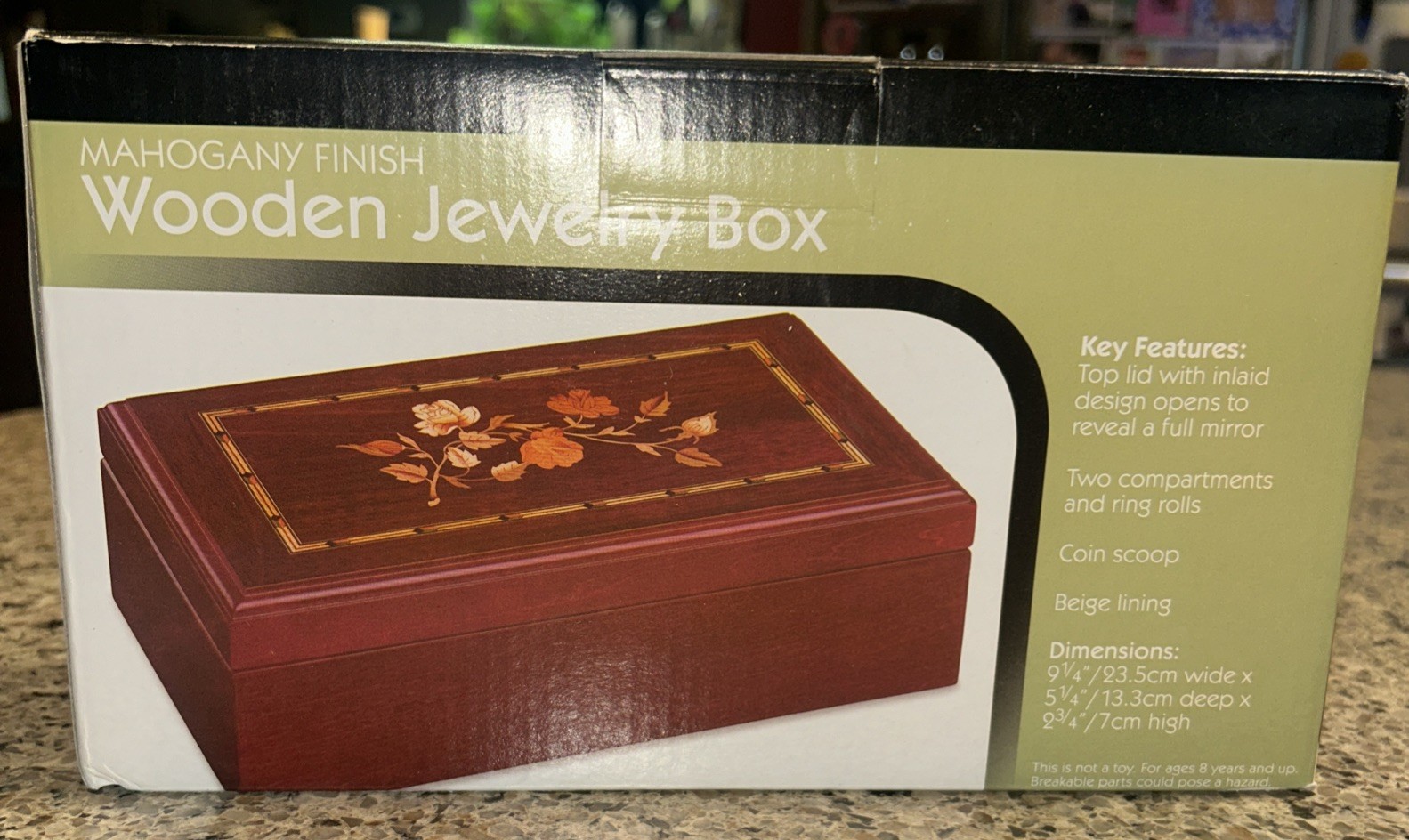 Mahogany Finish Wooden Jewelry Box NEW Table Top Hinged Lid