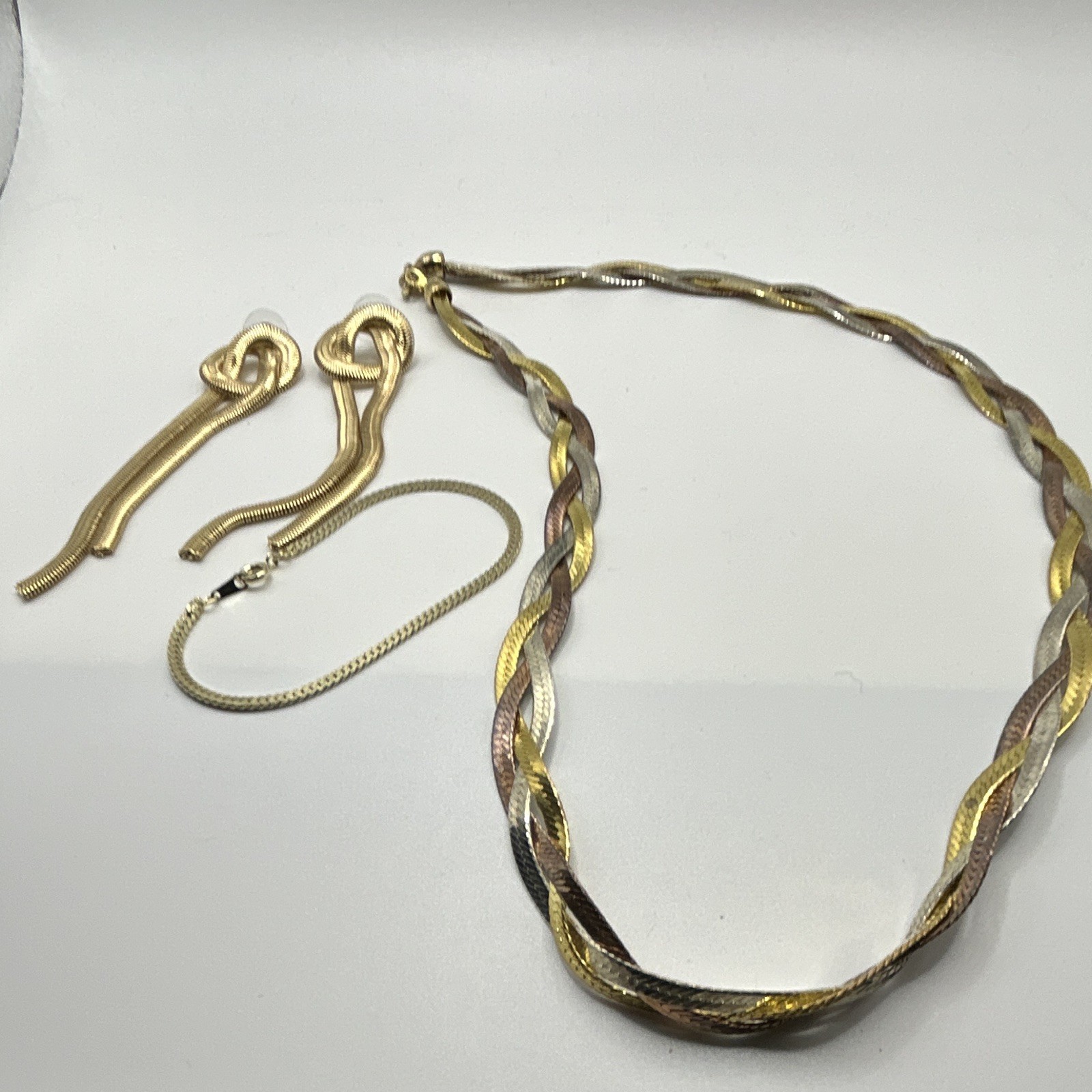 Vintage 3-Piece Jewelry Set 14K GP Tri Color Braided Herringbone Chain Lot