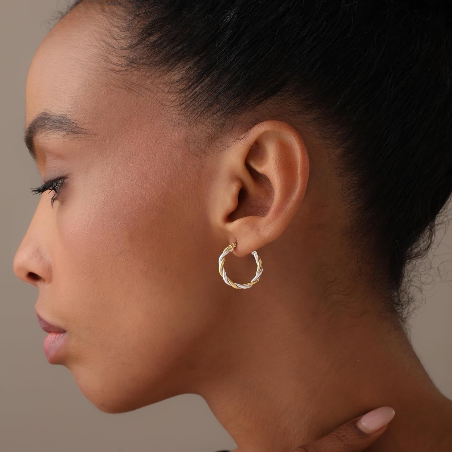 925 Sterling Silver Textured Two-Tone Hoop Earrings 20mm Click-Top Closure