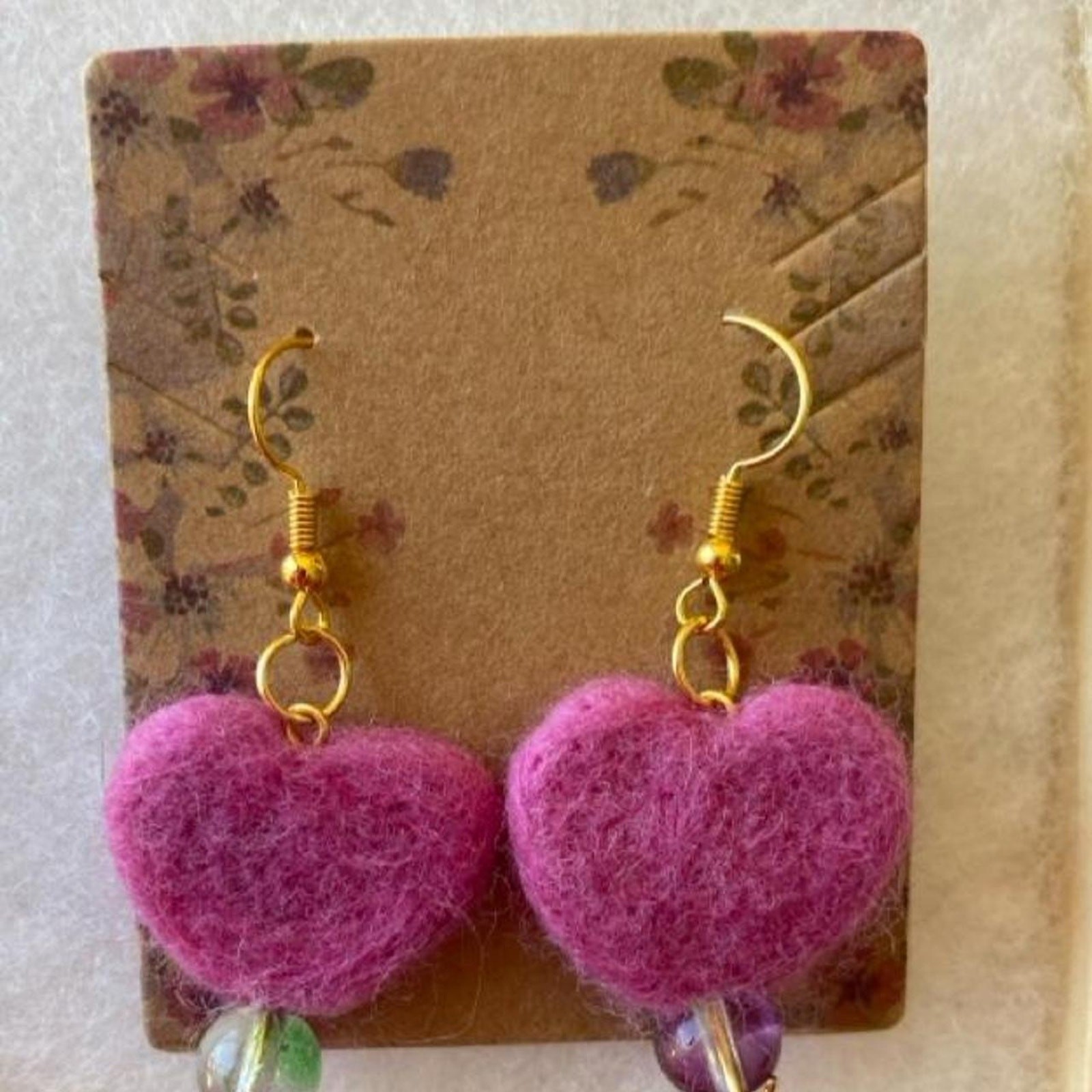 Handmade Pink needle felt heart earrings