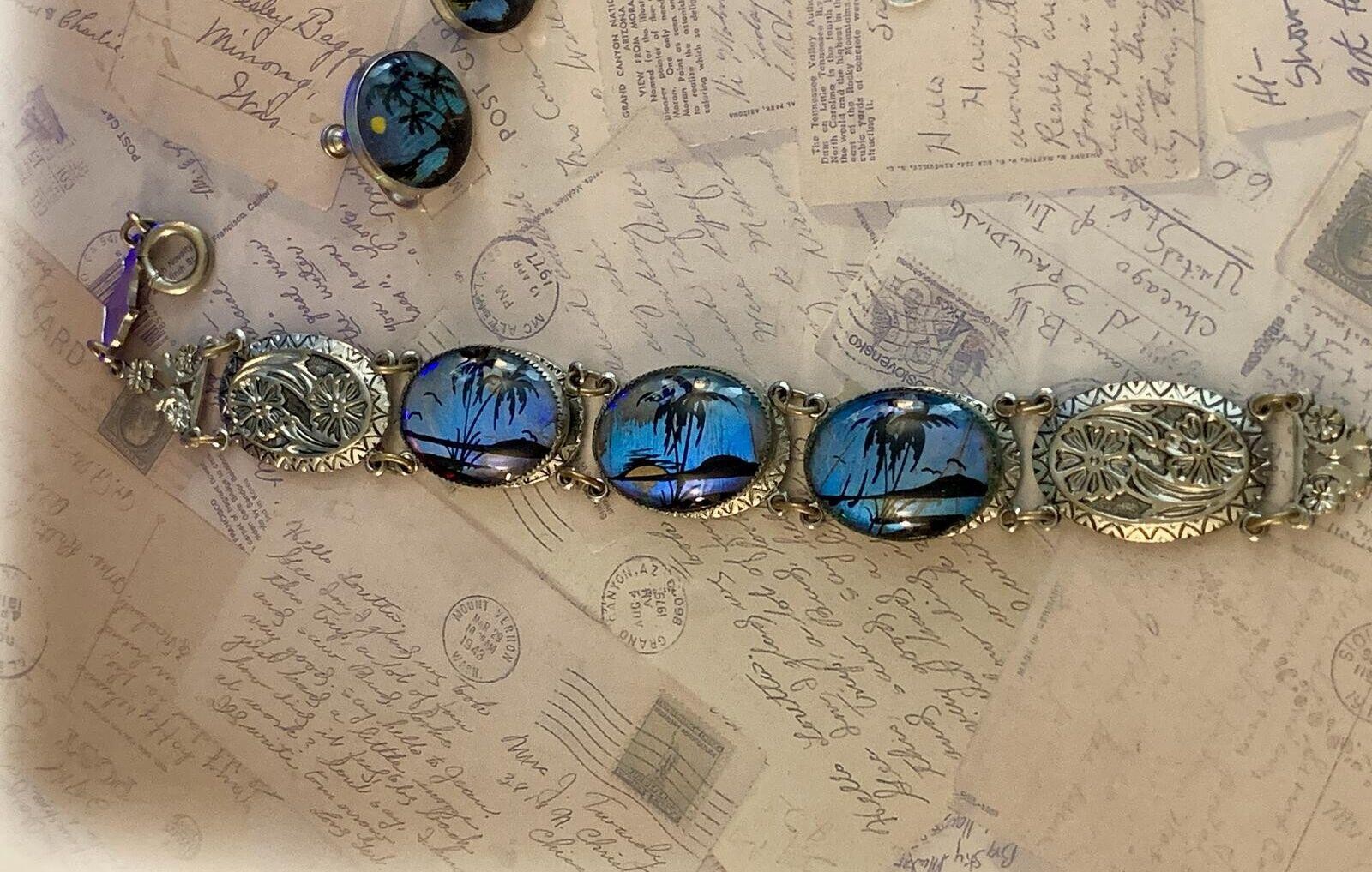 Vintage Art Deco Blue Morpho Butterfly Wing Tropical 1920’s Bracelet Earring Set