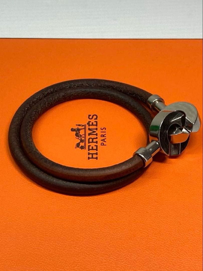 HERMES Lancelot Choker Double Wrap Bracelet Leather Dark Brown Silver w/ Box