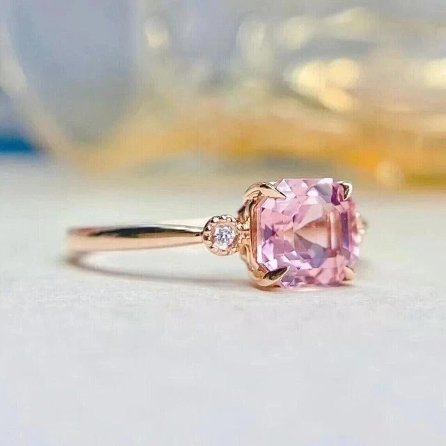2Ct Asscher Cut Lab Created Pink Sapphire Engagement Ring 14K Rose Gold Plated